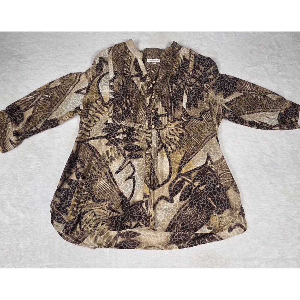 Coldwater Creek Blouse Womens 2X Brown Abstract Pintuck Excellent Boho Tunic Top